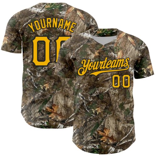 Camo0367 Custom Camo Gold-Black Woodland Forest Camouflage Authentic Salute To Service Baseball Jersey