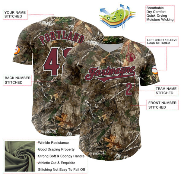 Custom Camo Burgundy White-Black Woodland Forest Camouflage Authentic Salute To Service Baseball Jersey