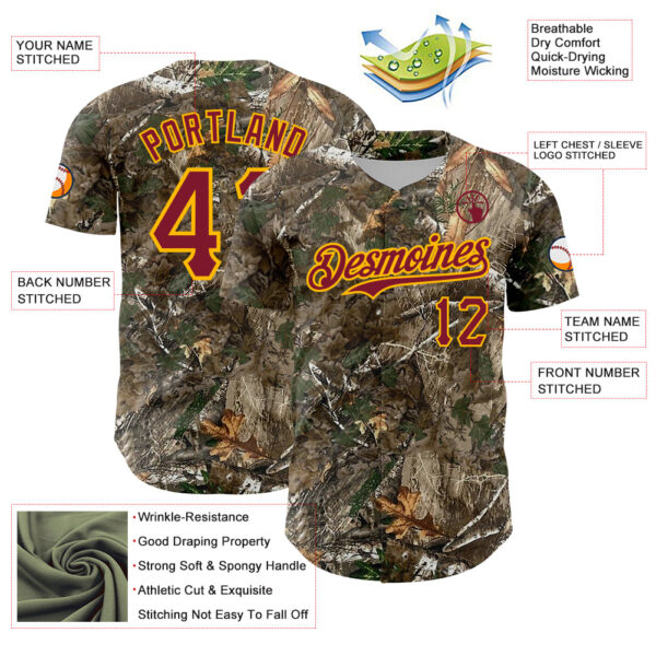 Custom Camo Crimson-Gold Woodland Forest Camouflage Authentic Salute To Service Baseball Jersey