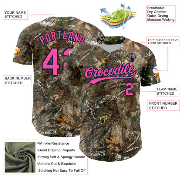 Custom Camo Pink-Navy Woodland Forest Camouflage Authentic Salute To Service Baseball Jersey