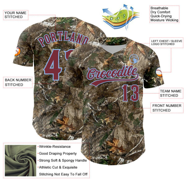 Custom Camo Burgundy-Light Blue Woodland Forest Camouflage Authentic Salute To Service Baseball Jersey