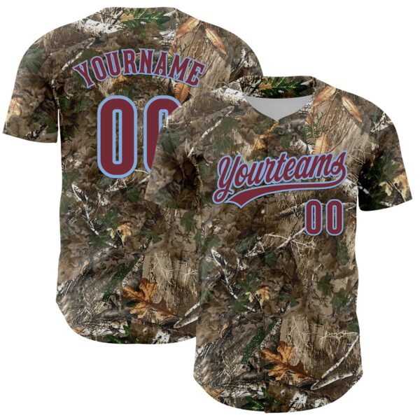 Custom Camo Burgundy-Light Blue Woodland Forest Camouflage Authentic Salute To Service Baseball Jersey