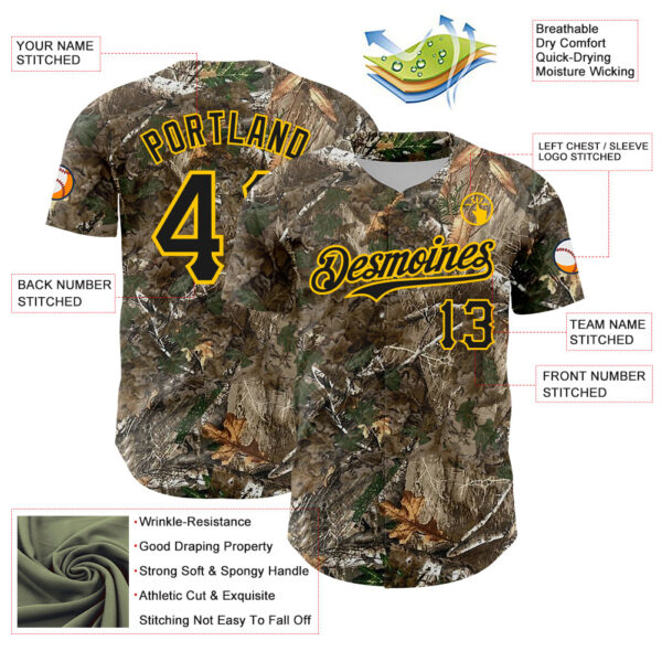 Custom Camo Black-Yellow Woodland Forest Camouflage Authentic Salute To Service Baseball Jersey