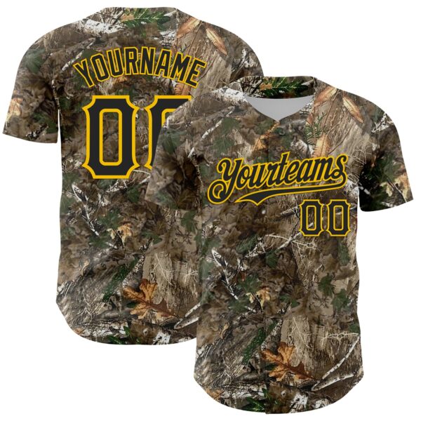 Custom Camo Black-Yellow Woodland Forest Camouflage Authentic Salute To Service Baseball Jersey