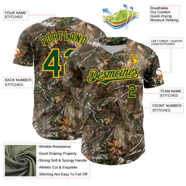Custom Camo Green-Yellow Woodland Forest Camouflage Authentic Salute To Service Baseball Jersey