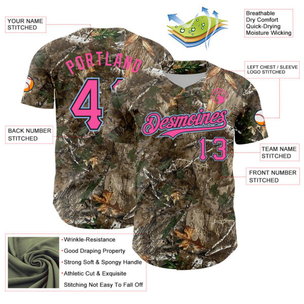 Custom Camo Light Blue Black-Pink Woodland Forest Camouflage Authentic Salute To Service Baseball Jersey
