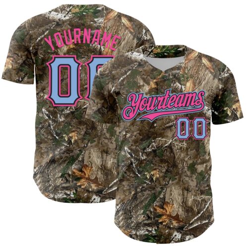 Camo0379 Custom Camo Light Blue Black-Pink Woodland Forest Camouflage Authentic Salute To Service Baseball Jersey