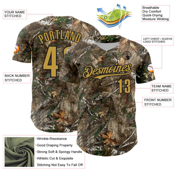 Custom Camo Old Gold-Black Woodland Forest Camouflage Authentic Salute To Service Baseball Jersey