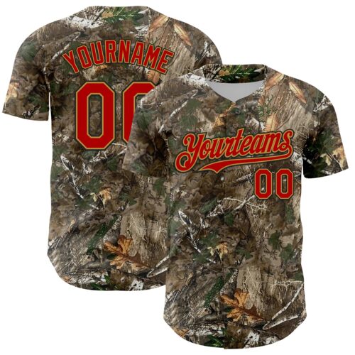 Camo0381 Custom Camo Red Old Gold-Black Woodland Forest Camouflage Authentic Salute To Service Baseball Jersey
