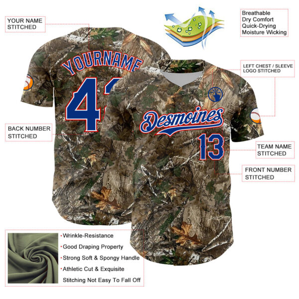 Custom Camo Royal White-Red Woodland Forest Camouflage Authentic Salute To Service Baseball Jersey