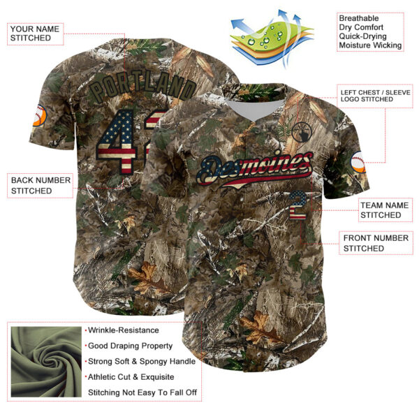 Custom Camo Vintage USA Flag Olive-Black Woodland Forest Camouflage Authentic Salute To Service Baseball Jersey