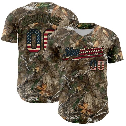 Camo0385 Custom Camo Vintage USA Flag Olive-Black Woodland Forest Camouflage Authentic Salute To Service Baseball Jersey