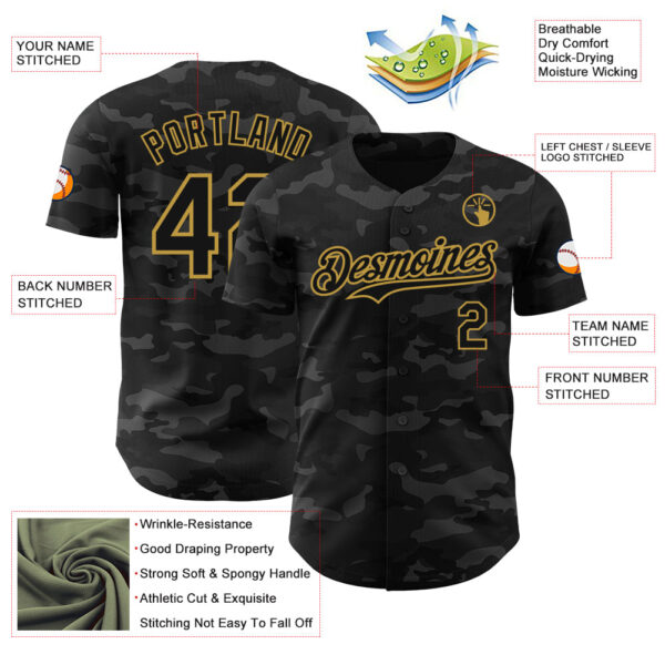 Custom Camo Black-Old Gold Dark Camouflage Tactical Style Authentic Salute To Service Baseball Jersey