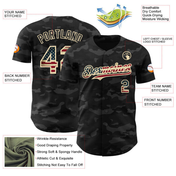 Custom Camo Vintage USA Flag Black-Cream Dark Camouflage Tactical Style Authentic Salute To Service Baseball Jersey