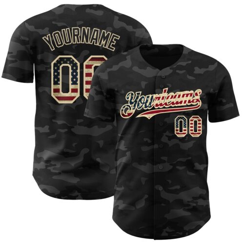 Camo0389 Custom Camo Vintage USA Flag Black-Cream Dark Camouflage Tactical Style Authentic Salute To Service Baseball Jersey