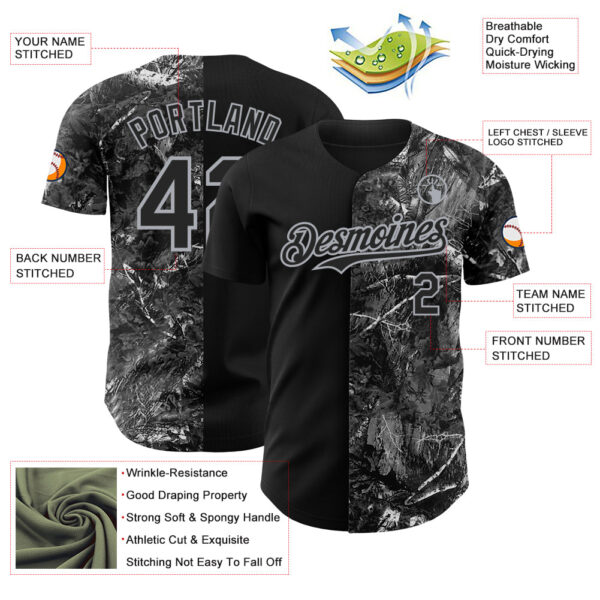 Custom Camo Black-Gray Woodland Forest Camouflage Split Authentic Salute To Service Baseball Jersey