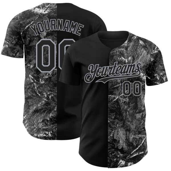 Custom Camo Black-Gray Woodland Forest Camouflage Split Authentic Salute To Service Baseball Jersey