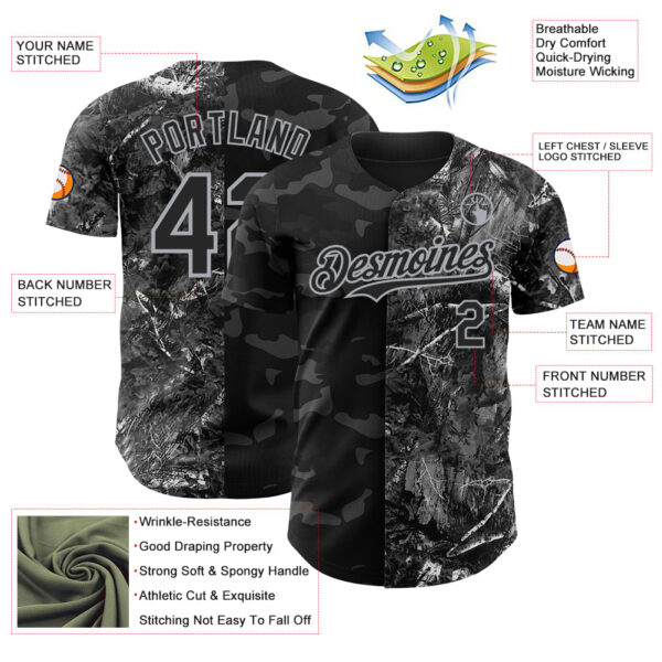 Custom Camo Black-Gray Woodland Forest Split Dark Camouflage Authentic Salute To Service Baseball Jersey