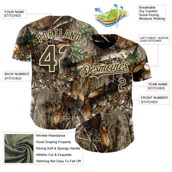 Custom Camo Olive-Cream Woodland Forest Camouflage Authentic Salute To Service Baseball Jersey