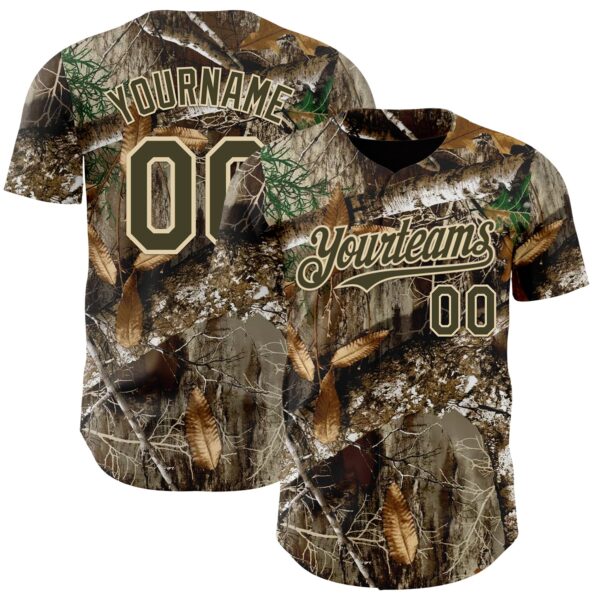 Custom Camo Olive-Cream Woodland Forest Camouflage Authentic Salute To Service Baseball Jersey