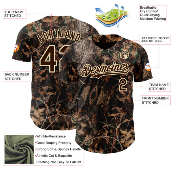 Custom Camo Brown-Cream Woodland Forest Camouflage Authentic Salute To Service Baseball Jersey