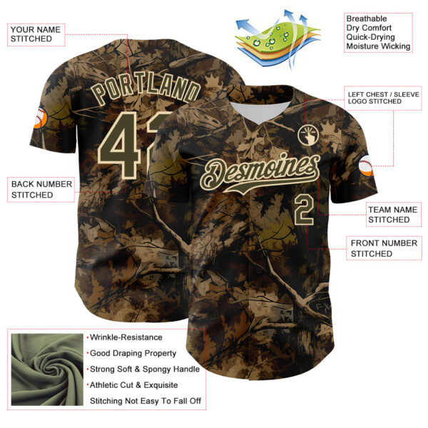 Custom Camo Olive-Cream Woodland Forest Tactical Camouflage Outdoor Leaf Authentic Baseball Jersey