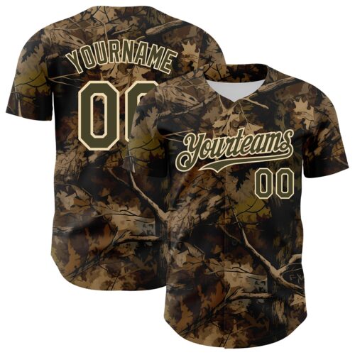 Camo0395 Custom Camo Olive-Cream Woodland Forest Tactical Camouflage Outdoor Leaf Authentic Baseball Jersey