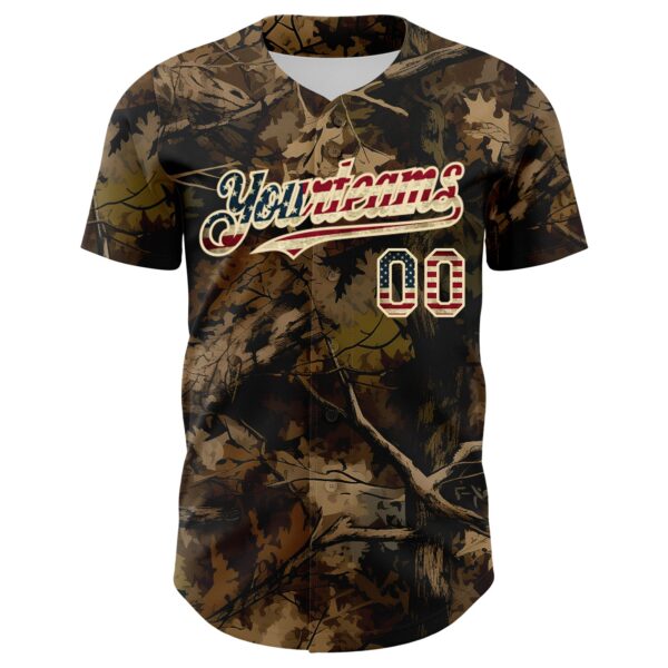 Custom Camo Vintage USA Flag Cream-Black Woodland Forest Tactical Camouflage Outdoor Leaf Authentic Baseball Jersey