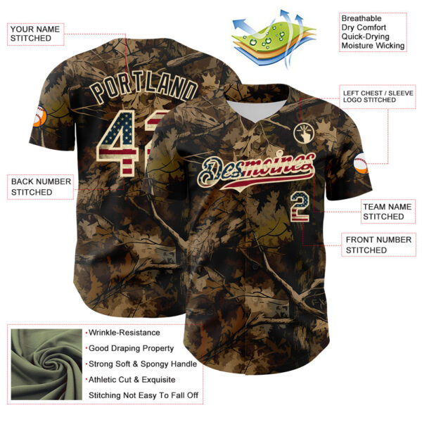 Custom Camo Vintage USA Flag Cream-Black Woodland Forest Tactical Camouflage Outdoor Leaf Authentic Baseball Jersey