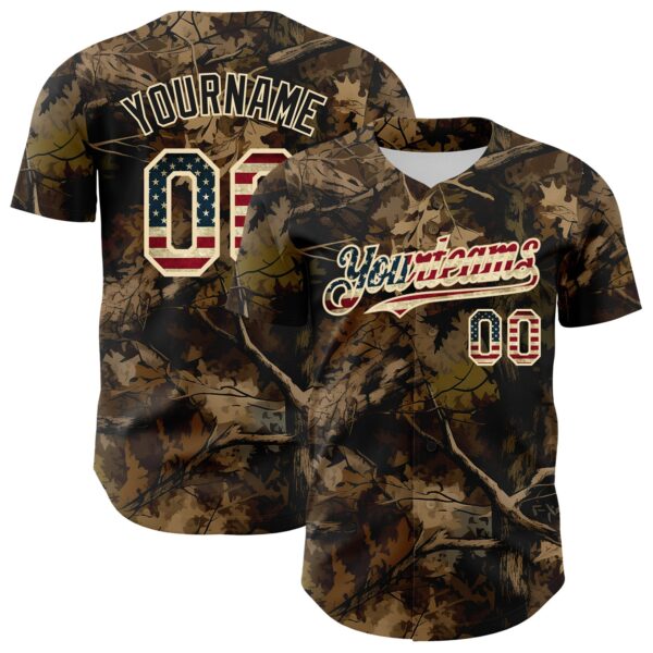 Custom Camo Vintage USA Flag Cream-Black Woodland Forest Tactical Camouflage Outdoor Leaf Authentic Baseball Jersey