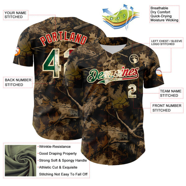 Custom Camo Vintage Mexican Flag Cream-Red Woodland Forest Tactical Camouflage Outdoor Leaf Authentic Baseball Jersey