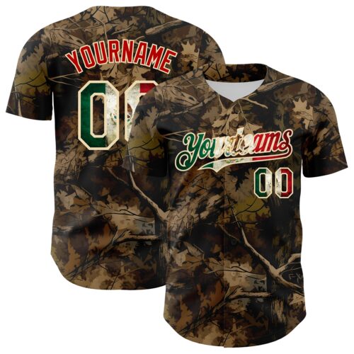 Camo0397 Custom Camo Vintage Mexican Flag Cream-Red Woodland Forest Tactical Camouflage Outdoor Leaf Authentic Baseball Jersey