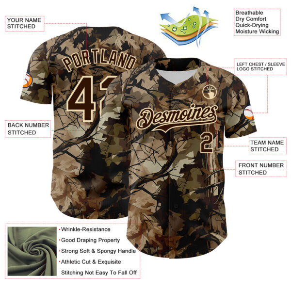 Custom Camo Brown-Cream Woodland Forest Tactical Camouflage Outdoor Leaf Authentic Baseball Jersey