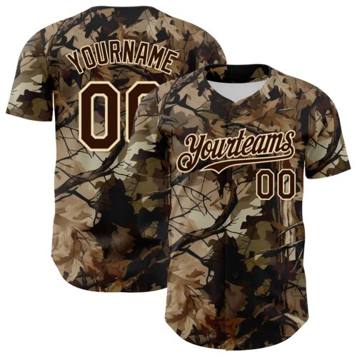 Camo0398 Custom Camo Brown-Cream Woodland Forest Tactical Camouflage Outdoor Leaf Authentic Baseball Jersey
