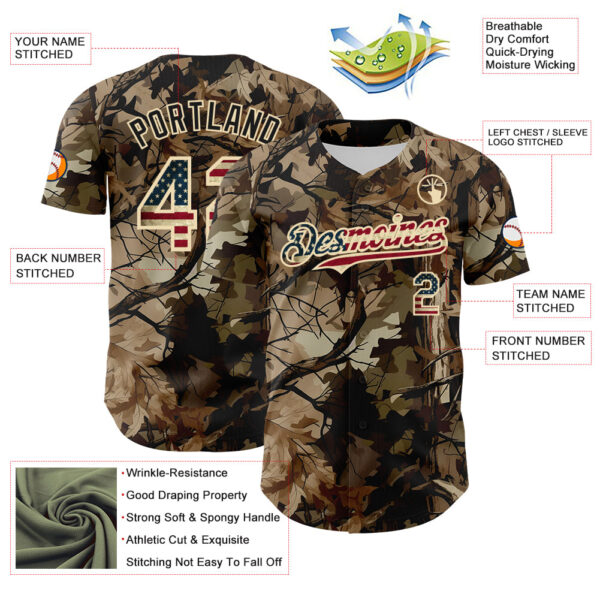 Custom Camo Vintage USA Flag Cream-Black Woodland Forest Tactical Camouflage Outdoor Leaf Authentic Baseball Jersey