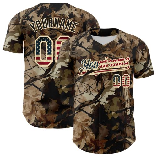 Camo0399 Custom Camo Vintage USA Flag Cream-Black Woodland Forest Tactical Camouflage Outdoor Leaf Authentic Baseball Jersey