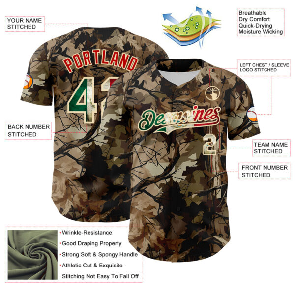 Custom Camo Vintage Mexican Flag Cream-Red Woodland Forest Tactical Camouflage Outdoor Leaf Authentic Baseball Jersey