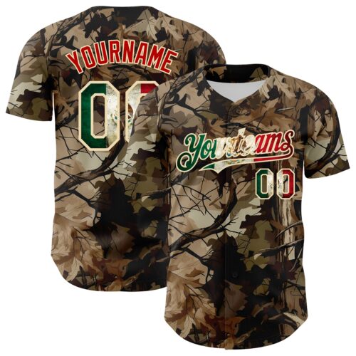 Camo0400 Custom Camo Vintage Mexican Flag Cream-Red Woodland Forest Tactical Camouflage Outdoor Leaf Authentic Baseball Jersey