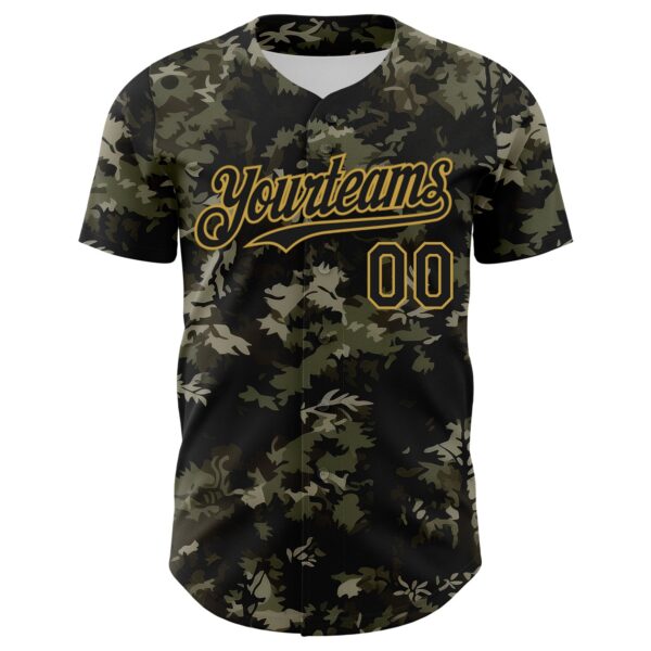 Custom Camo Black-Old Gold Woodland Forest Tactical Camouflage Outdoor Leaf Authentic Baseball Jersey