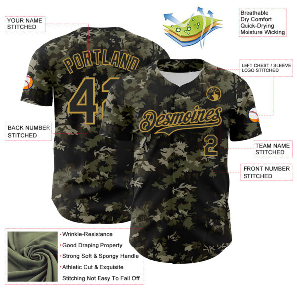 Custom Camo Black-Old Gold Woodland Forest Tactical Camouflage Outdoor Leaf Authentic Baseball Jersey