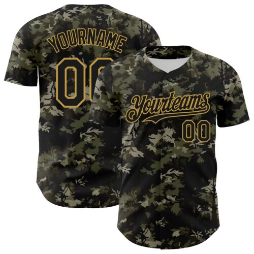 Custom Camo Black-Old Gold Woodland Forest Tactical Camouflage Outdoor Leaf Authentic Baseball Jersey