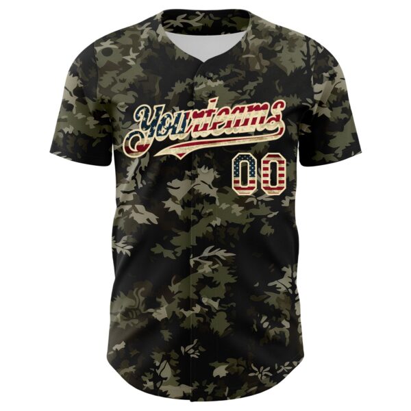 Custom Camo Vintage USA Flag Cream-Black Woodland Forest Tactical Camouflage Outdoor Leaf Authentic Baseball Jersey