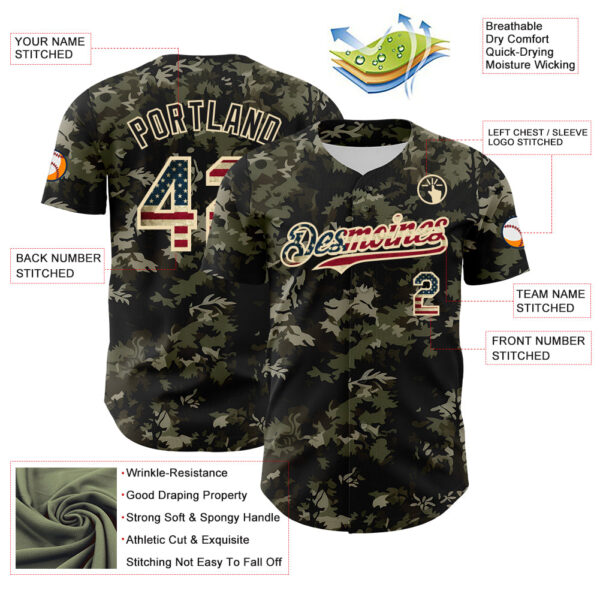 Custom Camo Vintage USA Flag Cream-Black Woodland Forest Tactical Camouflage Outdoor Leaf Authentic Baseball Jersey