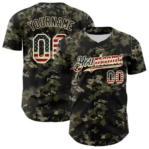 Camo0402 Custom Camo Vintage USA Flag Cream-Black Woodland Forest Tactical Camouflage Outdoor Leaf Authentic Baseball Jersey
