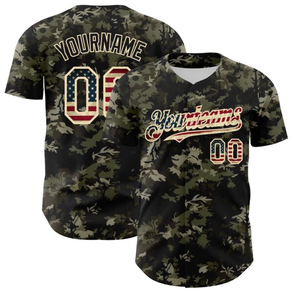 Custom Camo Vintage USA Flag Cream-Black Woodland Forest Tactical Camouflage Outdoor Leaf Authentic Baseball Jersey