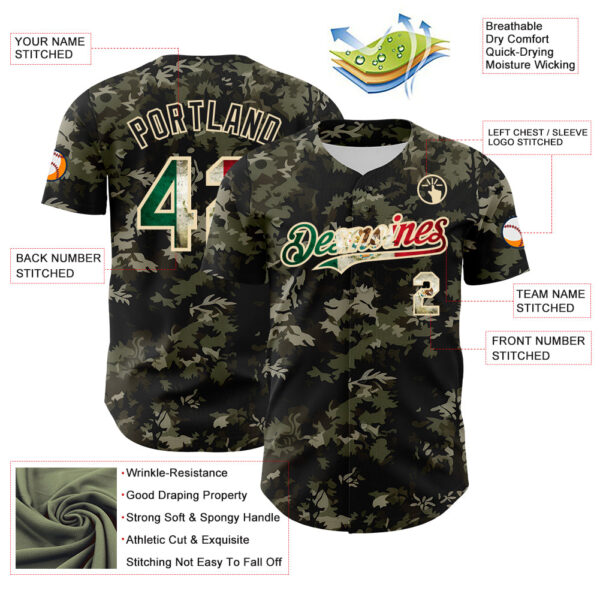 Custom Camo Vintage Mexican Flag Cream-Black Woodland Forest Tactical Camouflage Outdoor Leaf Authentic Baseball Jersey