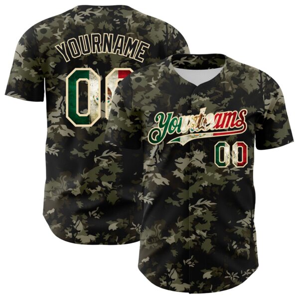 Custom Camo Vintage Mexican Flag Cream-Black Woodland Forest Tactical Camouflage Outdoor Leaf Authentic Baseball Jersey