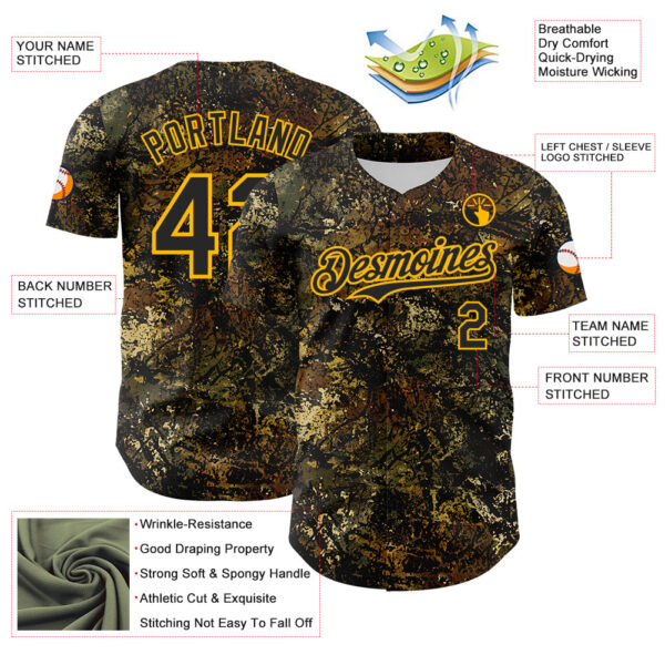 Custom Camo Black-Gold Woodland Forest Tactical Camouflage Outdoor Leaf Authentic Baseball Jersey