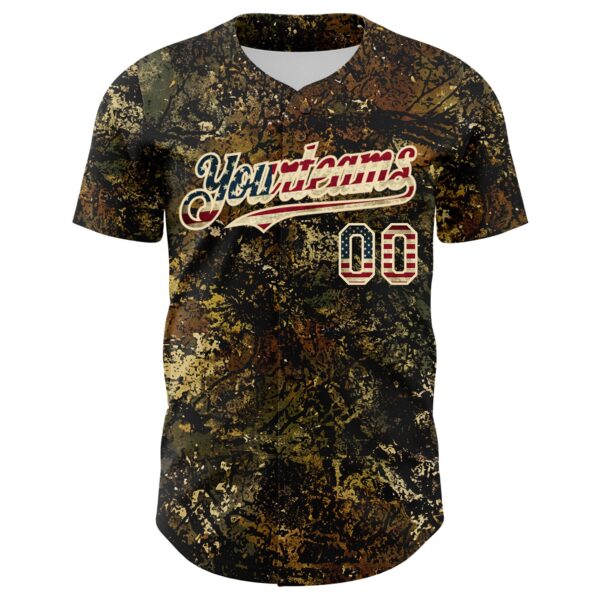 Custom Camo Vintage USA Flag Cream-Black Woodland Forest Tactical Camouflage Outdoor Leaf Authentic Baseball Jersey