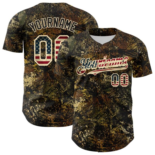 Custom Camo Vintage USA Flag Cream-Black Woodland Forest Tactical Camouflage Outdoor Leaf Authentic Baseball Jersey